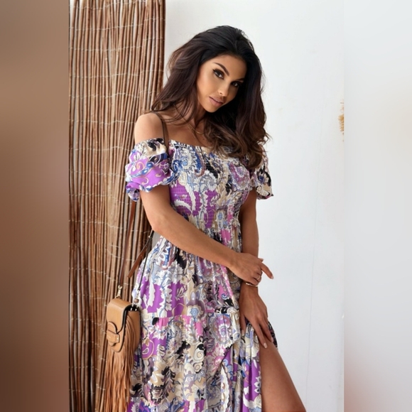 Retro Paisley Floral Smocked Bodice Tiered Colorful Summer Boho Maxi Dress - Picture 4 of 14